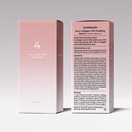 numbuzin Nr. 4 serums | 73% kolagēna pudiņa serums | Pretnovecošanās līdzeklis, samazina grumbas, apaļīga, tvirta āda, pretgrumbu serums ar kolagēnu un hialuronskābi | Korejiešu ādas kopšana | 50 ml