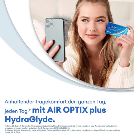 Air Optix plus HydraGlyde mēneša mīkstās lēcas | 6 gabali | BC 8,6 mm | DIAMETRS 14,2 mm | -02,25 dioptrijas