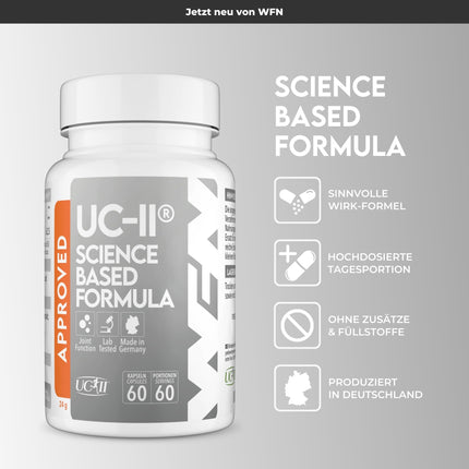 WFN apstiprināts UC-II - nedenaturēts 2. tipa kolagēns, augsta deva - 60 kapsulas - locītavu komplekss ar UC II kolagēnu, C vitamīnu un Boswellia Serrata - ražots Vācijā - ārēji laboratorijā pārbaudīts