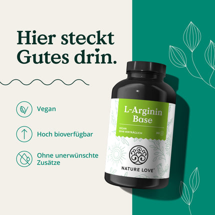 NATURE LOVE® L-arginīna bāze ar citrulīnu - 365 kapsulas - Augstas kvalitātes augu izcelsmes arginīns BĀZES formā ar 99,7+% tīrību - Augsta deva, vegāns, ražots Vācijā
