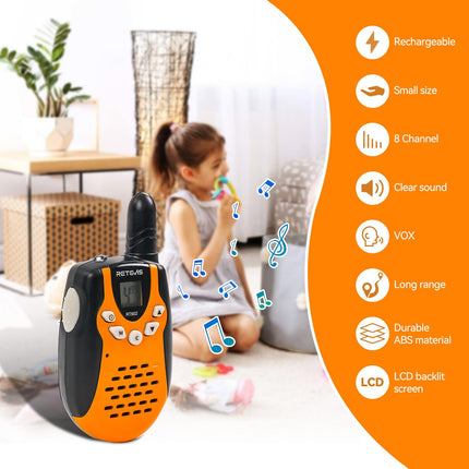 Retevis RT602 Walkie Talkie Kids 8 kanāli PMR446 bērnu divvirzienu radio ar uzlādējamām baterijām Lukturītis VOX LCD displejs Rotaļlietu spiegu aprīkojums Dāvanas bērniem (1 pāris, oranžs)