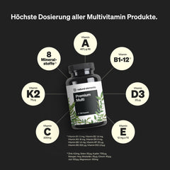 Premium multivitamīni – 180 augstas devas kompleksās kapsulas – vērtīgi vitamīni AZ – augstākās kvalitātes izejvielas – ar bioaktīvām formām – bez nevajadzīgām piedevām – ražots Vācijā un laboratorijā pārbaudīts