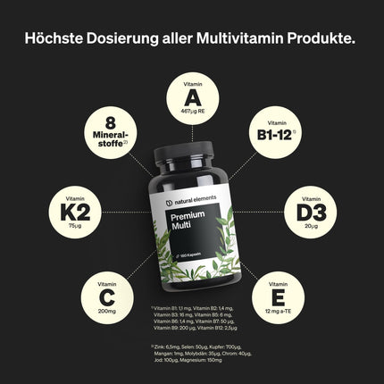 Premium multivitamīni – 180 augstas devas kompleksās kapsulas – vērtīgi vitamīni AZ – augstākās kvalitātes izejvielas – ar bioaktīvām formām – bez nevajadzīgām piedevām – ražots Vācijā un laboratorijā pārbaudīts
