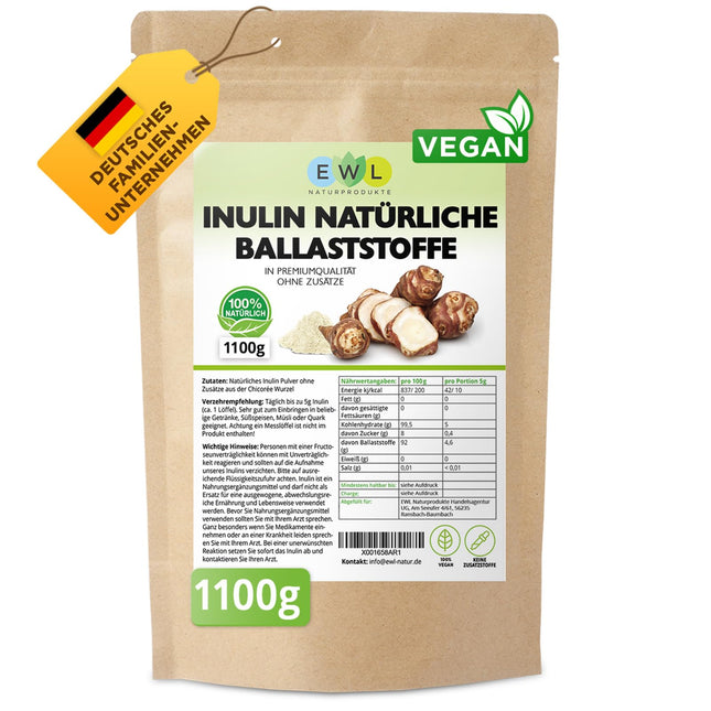 EWL Natural Products inulīna pulveris│kvalitatīvs produkts, kas pārbaudīts un iepildīts Vācijā│1100 g no cigoriņu sakņu šķiedras pulvera inulīna pulveris, laboratoriski pārbaudīta kvalitāte