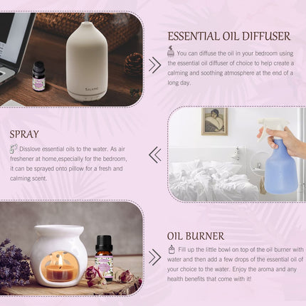 SALKING ēterisko eļļu komplekts, aromterapijas smaržeļļu dāvanu komplekts, 100% tīras smaržeļļas difuzoriem, smaržu lampām, mitrinātājiem, masāžai, 6 x 10 ml (lavanda, roze, ķiršu ziedi, jasmīns, gardēnija, kumelīte)