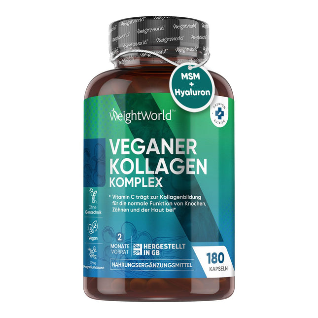 Vegānu kolagēna kapsulas - ar hialuronskābi, cinku, MSM, C un E vitamīniem, resveratrolu - 180 kapsulas - kolagēna pastiprinošs komplekss - ādai, matiem un kolagēna veidošanai - laboratoriski pārbaudīts - WeightWorld