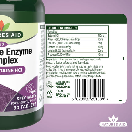 Nature's Aid gremošanas enzīmu komplekss ar betaīna hidrohlorīdu, 60 vegānas tabletes