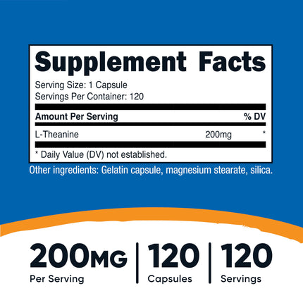 Nutricost L-teanīns 200 mg, 120 kapsulas, dubulta iedarbība - bez ĢMO, bez glutēna