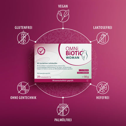 OMNi BiOTiC WOMAN, 28 porcijas, 4 baktēriju celmi, 10 miljardi baktēriju vienā dienas devā, pulveris, vegāns, bez glutēna, bez laktozes, ikdienas lietošanai, vienkārši dzerams
