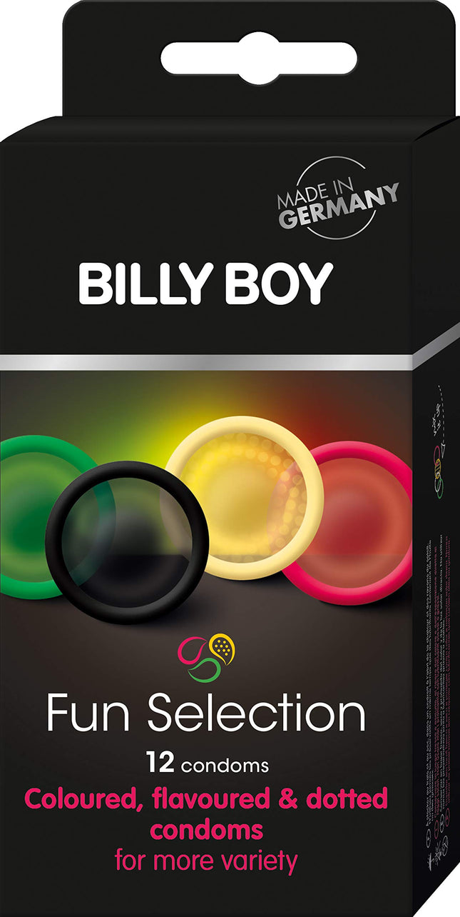 Billy Boy Fun Selection Mix (Krāsaina variācija) - krāsainu un ar pērlēm rotātu prezervatīvu asorti (12 gabali)