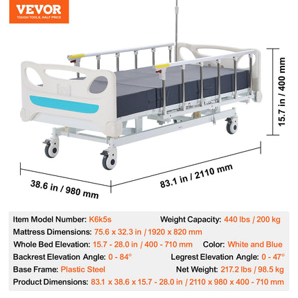 VEVOR Premium pilnībā elektriskā slimnīcas gulta ar 3 funkcijām, elektriskā medicīniskā intensīvās terapijas gulta ar matraci un intravenozo stieni, rokas vadību un 5 collu bloķējamiem ritenīšiem lietošanai