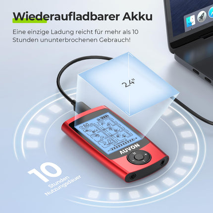 AUVON TENS ierīce ar EVA pārnēsāšanas maciņu, uzlādējama elektriskās stimulācijas ierīce sāpēm ar 24 treniņu programmām, 2 kanālu sarkana TENS ierīce sāpju terapijai, 12 augstākās kvalitātes elektrodi ar patentētu dizainu