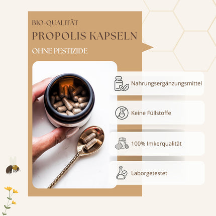 Bedrop organiskās propolisa kapsulas 800 mg vienā kapsulā, augsta deva - 60 propolisa ekstrakta kapsulas no bioloģiskās biškopības - Bagāta ar polifenoliem un flavonoīdiem - Ilgtspējīgā stikla iepakojumā