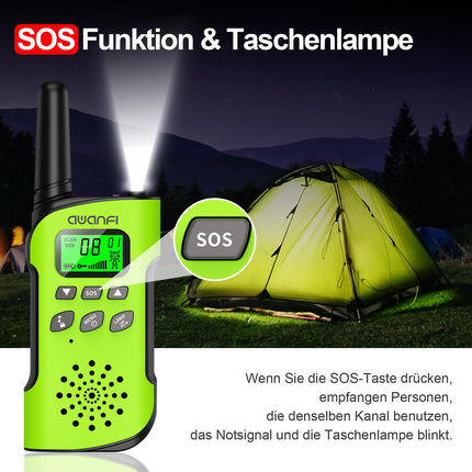 AWANFI Walkie Talkie Kids, rācija ar uzlādējamu litija jonu akumulatoru, divvirzienu radio komplekts, rācija ar VOX funkciju, LCD lukturītis, taustiņu slēdzene, rācija dāvanu kempinga piedzīvojumiem, 3-12 gadi