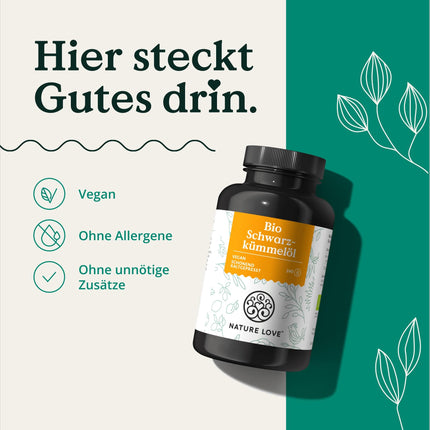 NATURE LOVE® Organiskā melnā ķimenes eļļa - 240 vegānas kapsulas - augsta deva: 1000 mg Ēģiptes melnā ķimenes eļļas vienā dienas devā - no kuriem 50% linolskābes - auksti spiesta, dabiski ražota un laboratorijā pārbaudīta