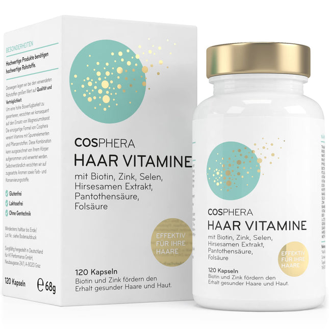 Cosphera matu vitamīni - lielas biotīna, selēna un cinka devas, kas veicina normālu matu veselību. Plus folskābe un prosas sēklu ekstrakts (bagāts ar silīciju) — 120 vegānas kapsulas 2 mēnešu daudzumā.