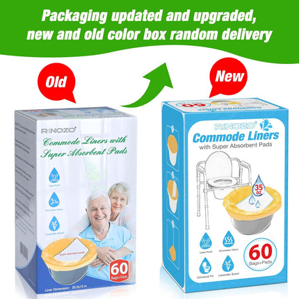 RINOZO 60 gab. īpaši absorbējoši tualetes poda paliktņi naktsskapīšiem, universāli piemēroti visiem standarta pārnēsājamo tualetes podu spaiņiem, vienreizlietojami atkritumu maisi, 60 gab. maisiņi + 60 gab. paliktņi