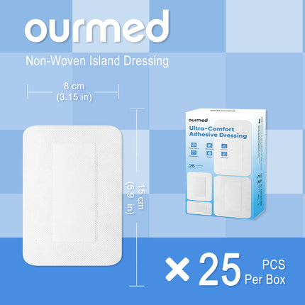 Ourmed sterili brūču plāksteri 8 x 15 cm, pašlīmējošs sterils brūču pārsējs ar spēcīgu saķeri, aizsargā pret griezumiem un skrāpējumiem, nesāpīga noņemšana, individuāli iesaiņoti, 25 gab. iepakojumā