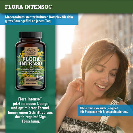 FLORA INTENSO® probiotiķu komplekss 100 miljardi CFU/g - Laboratorijā pārbaudīti 23 baktēriju celmi bez inulīna - Zarnās šķīstošās baktērijas ar laktobacilām + bifidobaktērijām - DE-SCHEUNENGUT®