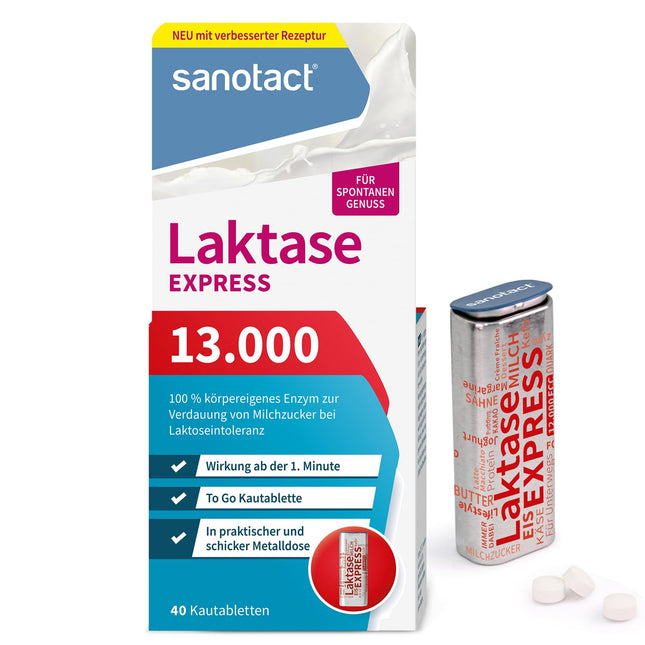 sanotact Lactase 13,000 EXPRESS (40 laktāzes tabletes) • Laktozes tabletes ar tūlītēju iedarbību • Laktozes nepanesības un piena nepanesības gadījumā • Piena produktu spontānai lietošanai