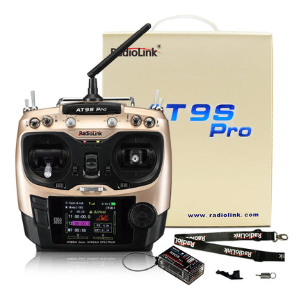 Radiolink AT9S Pro RC tālvadības pults ar uztvērēju, 10/12 kanāli ar uztvērēju - R9DS 2,4 GHz tālvadības pults raidītājs RC droniem, lidmašīnām, planieriem, automašīnām, laivām (2. režīms, kreisā roka)