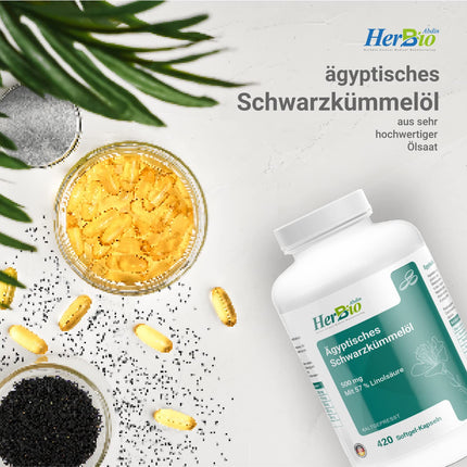 HerbBio Ēģiptes melno ķimeņu eļļas kapsulas 500 mg 420 mīkstās želatīna kapsulas - tostarp 57% linolskābes - augstākās kvalitātes auksti spiestas - 100% liellopu želatīns Halal sertificēts - laboratorijā pārbaudīts - melno ķimeņu eļļas kapsulas