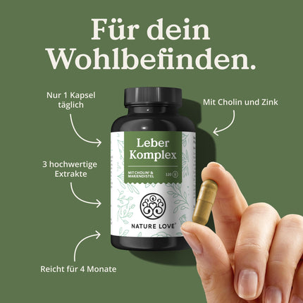 NATURE LOVE® Aknu komplekss - 120 kapsulas - ar mārdadzi, holīnu, artišoku ekstraktu, kurkumu un cinku - Augsta deva, vegāns, laboratorijā pārbaudīts un ražots Vācijā