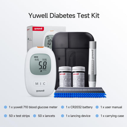 Yuwell asins glikozes mērītāja komplekts ar testa strēmelītēm x 50 un lancetēm x 50, diabēta tests ideāli piemērots lietošanai mājās, glikozes mērītājs cukura līmeņa asinīs paškontrolei diabēta gadījumā (710. modelis)