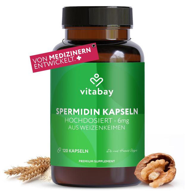 Vitabay Spermidine kapsulas ar augstu devu 6 mg - 120 vegānas kapsulas Spermidīns no kviešu dīgļiem - tīrs kviešu dīgļu spermidīns - laboratoriski pārbaudīts un bez nevēlamām piedevām