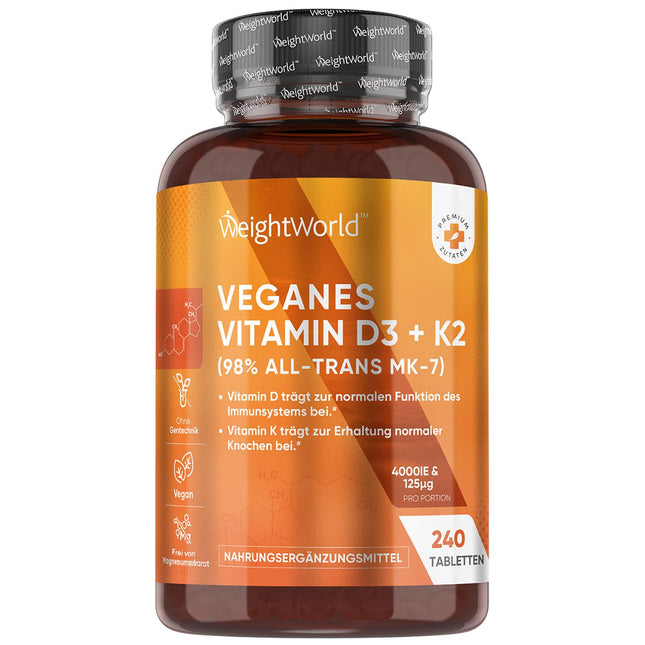 D3 vitamīns + K2 vegāns - 4000 SV vienā porcijā - 240 tabletes ar 125 μg K2 vitamīna menahinona - 1 tablete/4 dienas - 98% all-trans K2 MK7 - Bez magnija stearāta - Sunshine vitamīns no WeightWorld