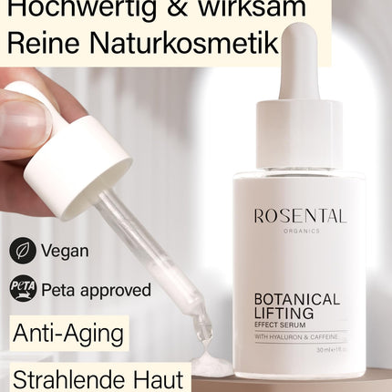 ROSENTAL ORGANICS dabīgs botāniskais liftinga efekta serums ar hialuronskābi un kofeīnu grumbu novēršanai - hialuronskābes sejas serums - mitrinošs serums - pretnovecošanās dabīgā kosmētika (30ml)