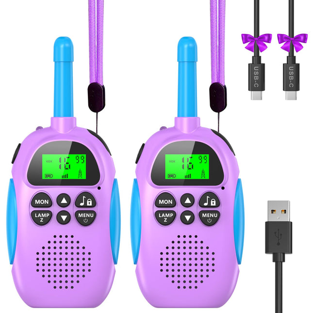 Ushining rācija bērniem, uzlādējama rācija ar 16 kanālu VOX radio, LCD lukturītis ar fona apgaismojumu, 3 km diapazons piedzīvojumiem brīvā dabā, kempingam, pārgājieniem, violeta