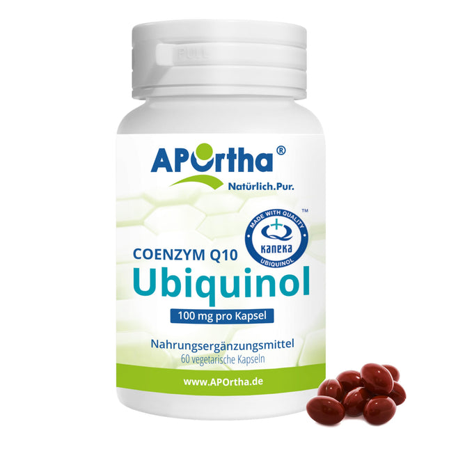 APOrtha Kaneka ubikvinola koenzīms Q10 100 mg 60 veģetārās kapsulas, CoQ10 kapsulas ar augstu devu 100 mg, augsta biopieejamība, pateicoties bioaktīvajam ubikvinolam, divkārši patentēta izejviela