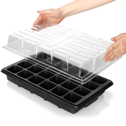 com-four® 8 daļu audzēšanas komplekts, komplektā ietilpst ūdens paplātes, siltumnīcas vāks un podu plāksnes ar 96 šūnām augu audzēšanai telpās (8 daļu - audzēšanas komplekts 38x25cm)