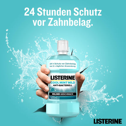 LISTERINE Cool Mint Mild (500 ml), antibakteriāls mutes skalošanas līdzeklis ar ēteriskajām eļļām un bezalkoholisks, maigs zobu kopšanas līdzeklis, samazina aplikumu, efektīvi cīnās ar sliktu elpu.