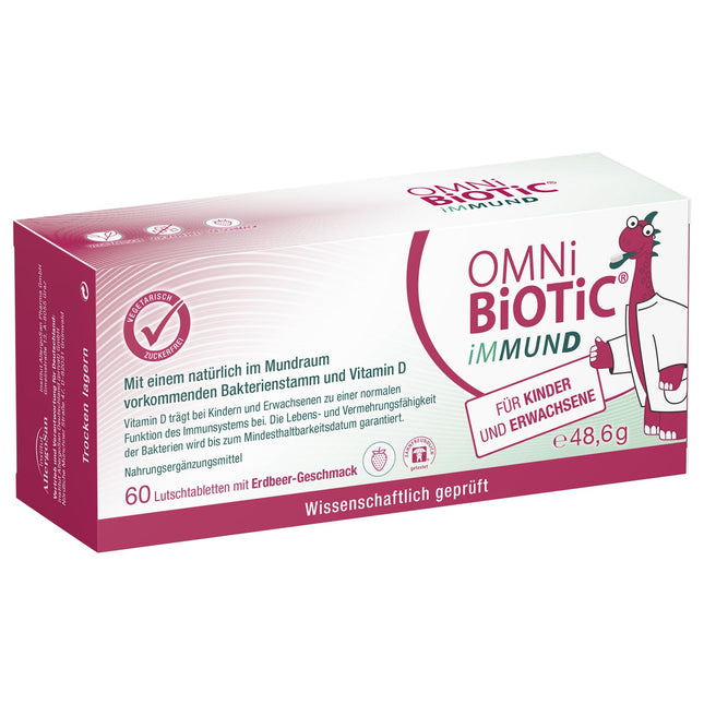 OMNi BiOTiC IMŪNSISTĒMA | 60 pastilas | 1 baktēriju celms | 1 miljards baktēriju vienā pastilā | D vitamīns | Veģetārietis | Bez cukura | Ikdienas lietošanai | Pieaugušajiem un bērniem