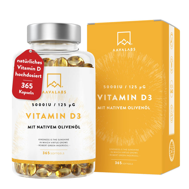 D3 vitamīna augstas devas depo 5000 SV 365 kapsulas - D3 vitamīns 5000 SV ar auksti spiestu extra virgin olīveļļu optimālai uzsūkšanai - D vitamīns augstā devā Bez ĢMO, bez glutēna, bez laktozes