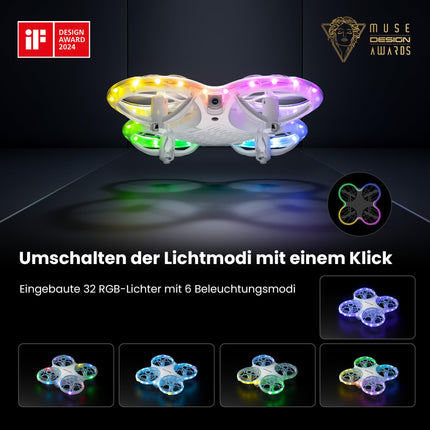 Ameta Morpho drons ar kameru bērniem, 1080P HD FPV drons iesācējiem, RC kvadrokopters ar 32 RGB gaismām/18 minūšu lidojuma laiks/STEM moduļi/pretpazaudēta skaņas signāla turētājs, rotaļlietu dāvanas zēniem un meitenēm
