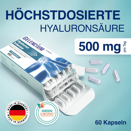 GELENCIUM® Hyaluron Intense | Augsta hialuronskābes dienas deva: 500 mg | Augsta molekulmasa: 2000–4000 kDa | Augsta biopieejamība | Ar mikrouzturvielām veselīgām locītavām | Vegāns | Aptiekas kvalitāte | 60 kapsulas
