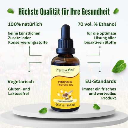Propolisa pilieni 30% – 2 x 50 ml – Tīra augstas devas tinktūra – 100% dabīgs ekstrakts – Praktiska pipete – Vienkārša dozēšana – NatimaVita