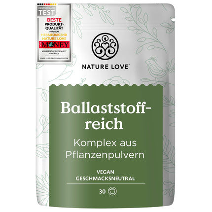 NATURE LOVE® pulveris ar augstu šķiedrvielu saturu - 450 grami - Šķiedrvielas: psilija sēnalas, akācijas šķiedra, inulīns, auzas un citas - ideāls uztura bagātinātājs zarnu attīrīšanai - vegāns un laboratorijā pārbaudīts
