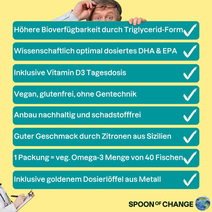 Augstākās kvalitātes vegāna Omega-3 aļģu eļļa (2900 mg dienā) - augsta deva - ar citronu - DHA un EPA - zinātniski pamatota, laboratorijā pārbaudīta - ilgtspējīga - ar D3 vitamīnu imūnsistēmai - Spoon of Change®