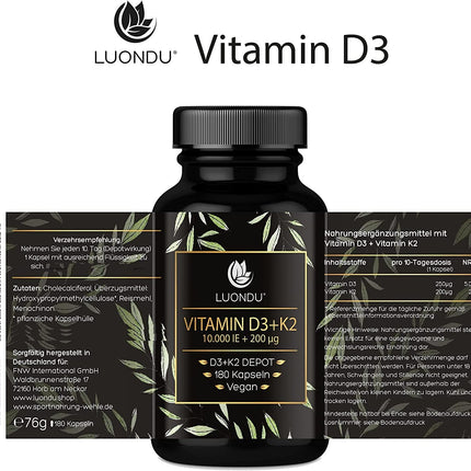 Luondu D3 vitamīns 10 000 SV + K2 vitamīns MK7 200 mcg Depot (augstas devas un vegāns) D3 K2 vitamīna kapsulas, augsta deva (180 kapsulas)