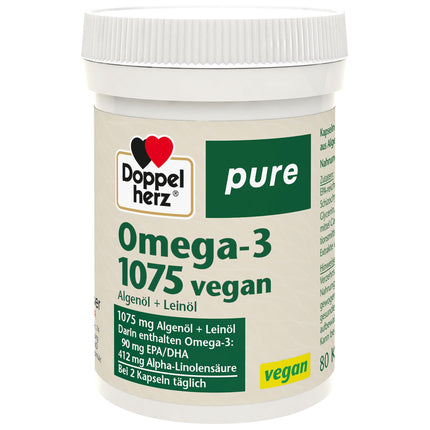 Doppelherz tīra Omega-3 1075 vegāns - Aļģu eļļa + linsēklu eļļa - Alfa-linolēnskābe veicina normāla holesterīna līmeņa uzturēšanu - 80 kapsulas
