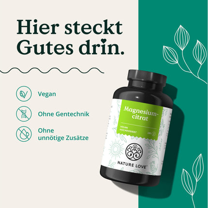 NATURE LOVE® Magnija citrāts – 2320 mg magnija citrāts (no kuriem 360 mg elementārā magnija) – 180 kapsulas – augsta deva, laboratoriski pārbaudīts, bez piedevām, vegāns un izstrādāts Vācijā