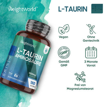 L-taurīna kapsulas - 1000 mg dienā - 180 vegānu aminoskābju kapsulas - 2 L-taurīna aminoskābju kapsulas - 3 mēnešu krājumi - alternatīva pulverim vai tabletēm - WeightWorld