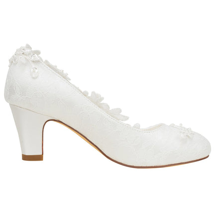 Emily Bridal kāzu kurpes sievietēm, zīdaina satīna augstpapēžu kurpes ar mežģīņu un ziedu kristāla pērļu šuvēm, ziloņkaula krāsā, 40 EU (7 UK)