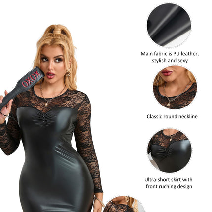 sunshinelady ādas kleita sieviešu mākslīgā āda mežģīnes apaļīgām sievietēm seksīga kleita sieviešu apakšveļa apaļīga mini kleita ar rāvējslēdzēju kluba tērps ballīšu kleita lieli izmēri melna L