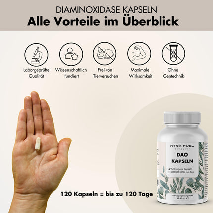 DAO kapsulas 120 gab. (liela deva) - 300 000 HDU dienā - DAO enzīms no zirņu proteīna - vegāns un laboratoriski pārbaudīts