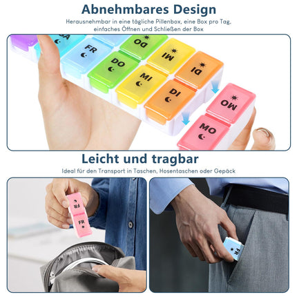 JANUIXCO Tablešu kastīte 7 dienām Rīts Vakars - Tablešu kastīte 7 dienām 2 nodalījumi noņemami, bez BPA - Zāļu kastīte 14 nodalījumi viegli atverami, lietošanai ceļā
